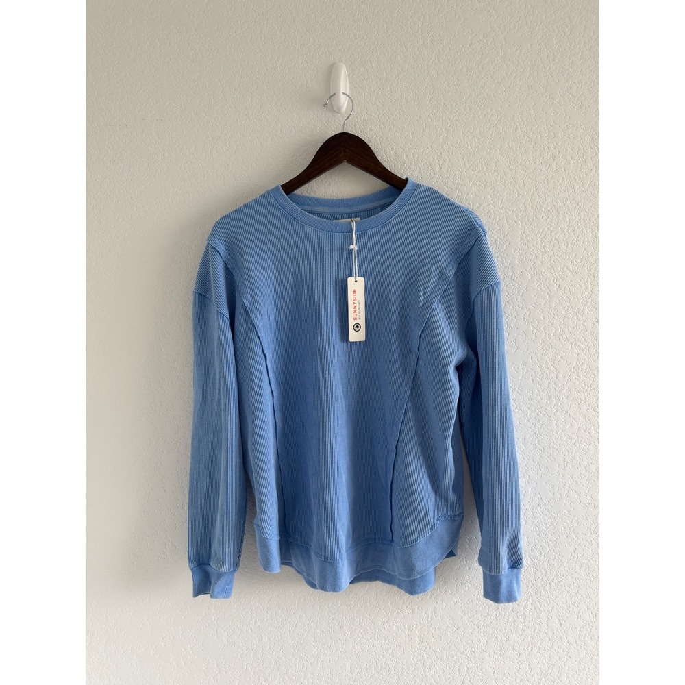 Sunnyside by Sundry Lounge Waffle Knit Top Size S Blue Exposed Seams
